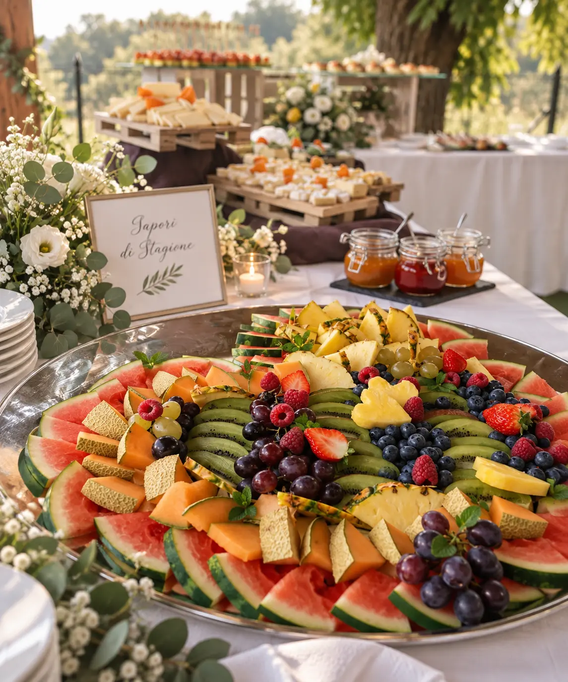 Buffet con sapori di stagione, frutta e formaggi