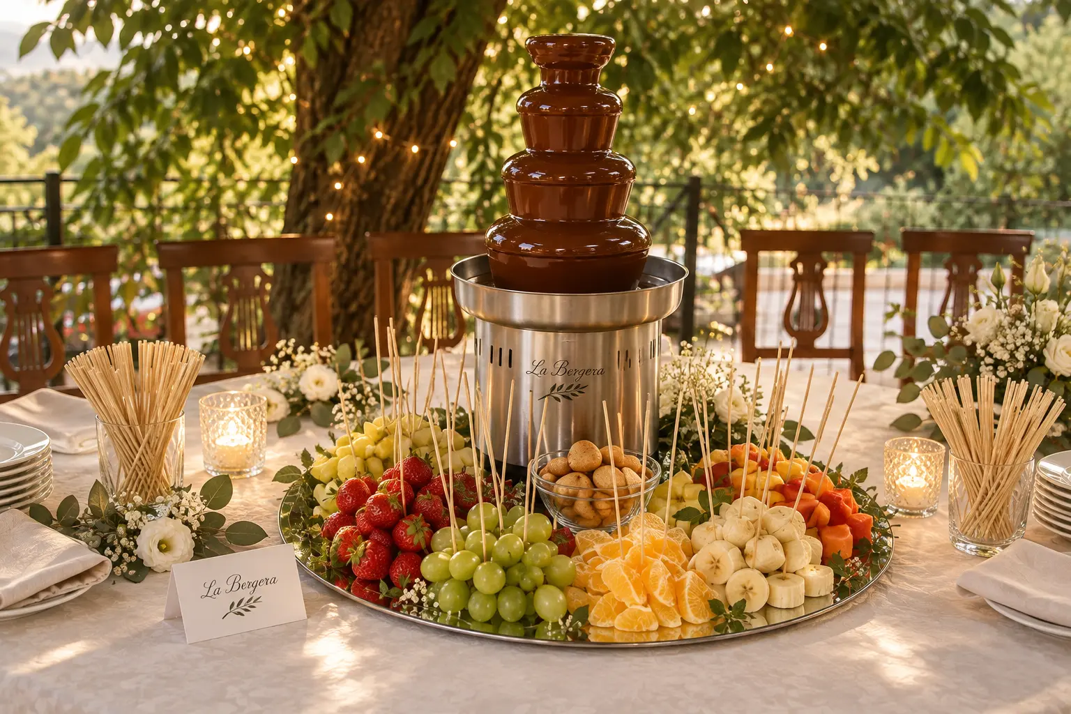 Buffet di frutta mista con cascata di cioccolato