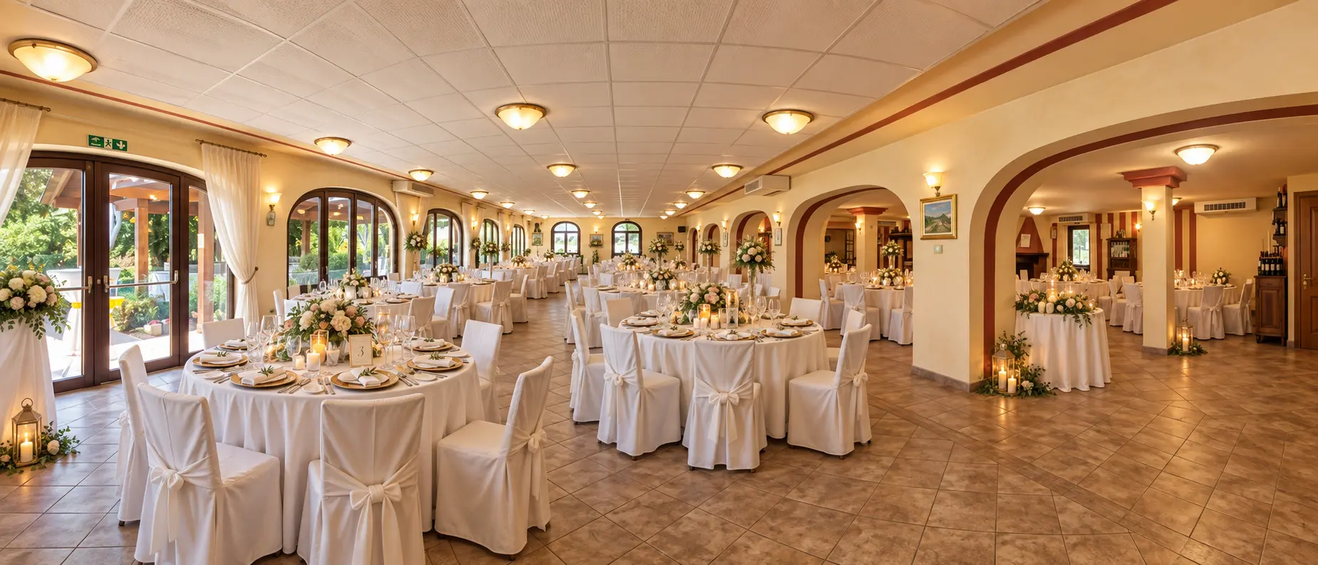 Vista ampia della sala della Bergera allestita per un ricevimento di matrimonio